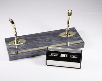 Vintage grey marble double pen stand, desk pen holder with perpetual calendar