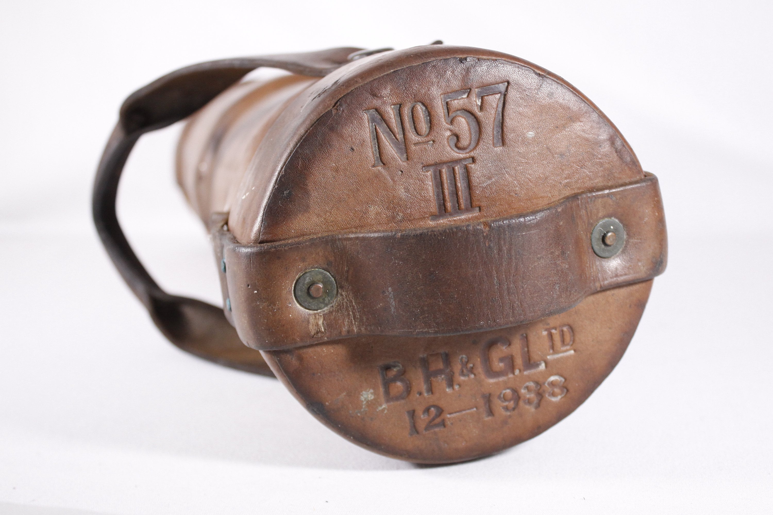 1938 Naval Leather Cordite Carrier, WWII Cordite Bucket 1938 Naval Leather Cordite Carrier, WWII Cordite Bucket