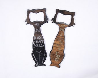 Vintage SET 2 cat bottle openers, Kiss Dont Kill / I Love You, femicide feminism sexism violence stainless steel bar tools