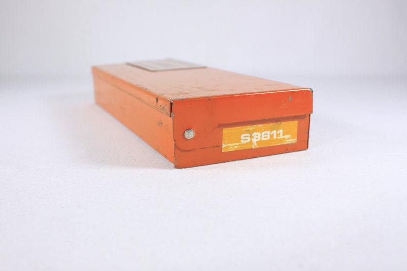 Vintage Orange metal toolbox, small parts storage organizing box, metal pencil box image 4