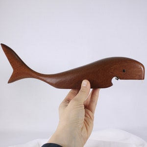 Large teak whale bottle opener, mid century modern bar wares, nautical home decor image 7