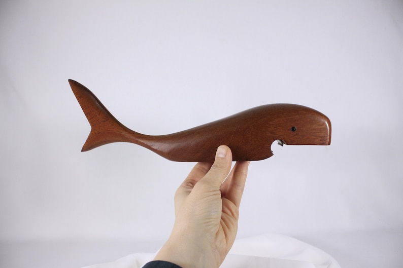 Large teak whale bottle opener, mid century modern bar wares, nautical home decor image 7