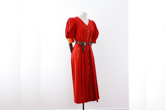 Red linen and cotton dress for larp or medieval re