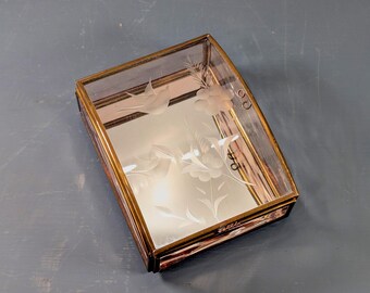 Vintage glass and brass mirror jewelry box, Via Vermont ltd etched lid casket, boho home decor