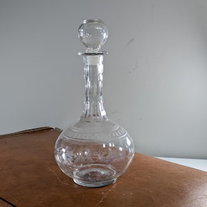 Antique Globe Wine Decanter: Victorian Etched Greek Key Glass Bottle, 11"