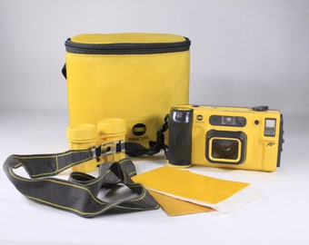 Vintage 1980s Minolta Underwater 35mm film Camera, Minolta Weathermatic Dual35 Yellow point and shoot snorkelling camera + bag + canisters