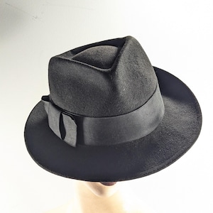 Vintage Bollman Black wool fedora made in USA, 100% wool felt classic mens hat 57.5 cm