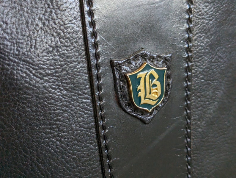 Vintage La Benci black leather attache briefcase monogram LB, vintage leather laptop bag with shoulder strap image 5
