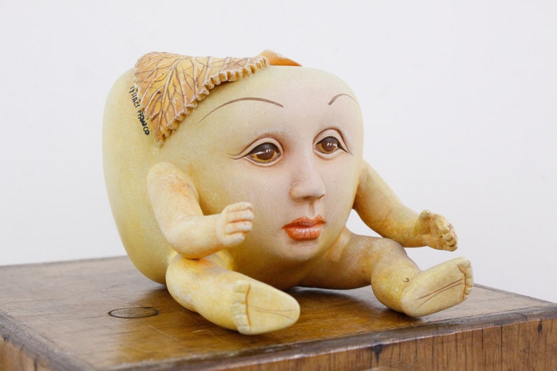 Vintage 'apple boy' surrealist sculpture by Ismael Franco, ceramic surreal art figure image 1