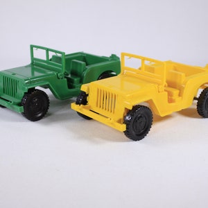 Vintage plastic Jeep Toy Willys jeep made in Canada CHOOSE Yellow or Green ca 1980s image 1