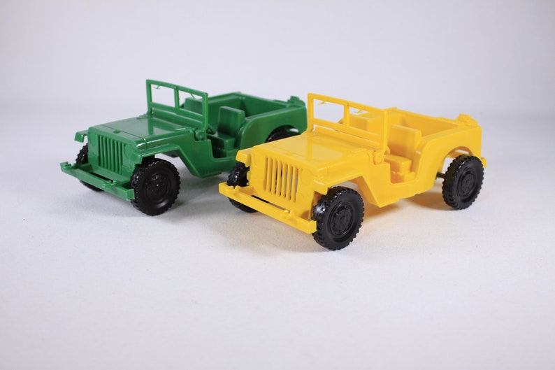 Vintage plastic Jeep Toy Willys jeep made in Canada CHOOSE Yellow or Green ca 1980s image 1