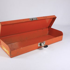 Vintage Orange metal toolbox, small parts storage organizing box, metal pencil box image 6
