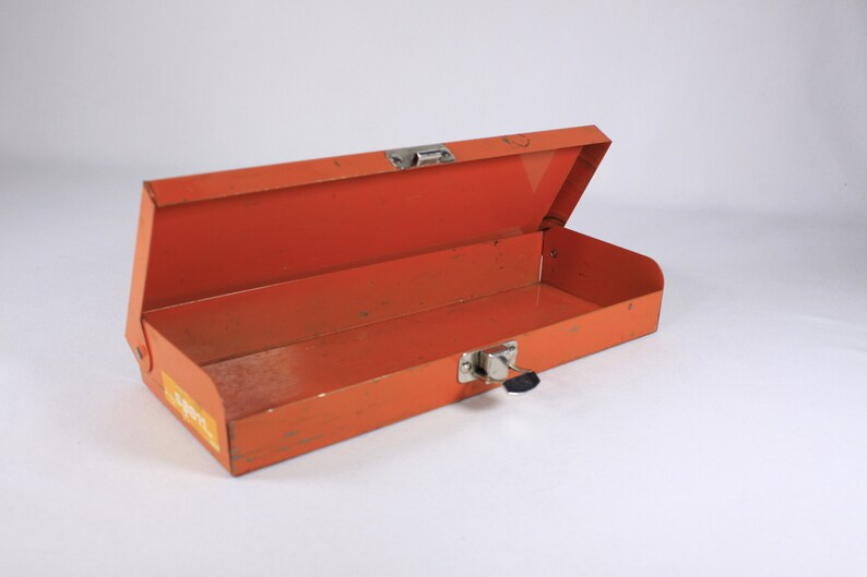 Vintage Orange metal toolbox, small parts storage organizing box, metal pencil box image 6