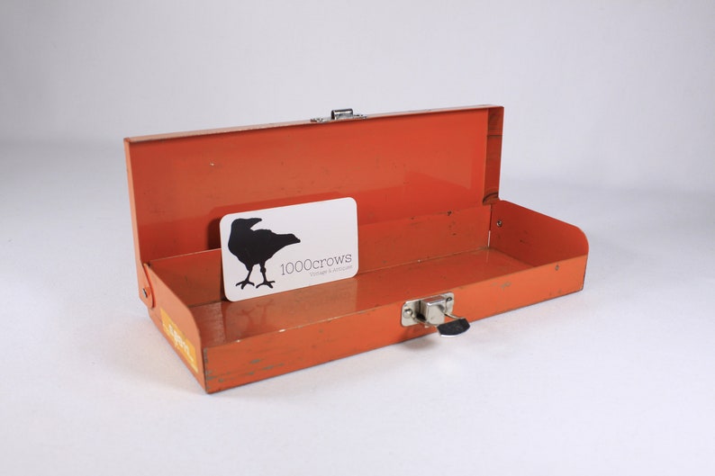 Vintage Orange metal toolbox, small parts storage organizing box, metal pencil box image 8
