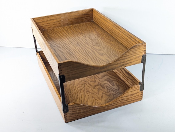 アメリカ ヴィンテージ デスクトレー DESK TRAY RRLオーク Vintage Double Layer Oak Wooden Letter Tray, Dovetailed IN OUT