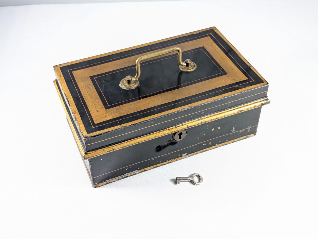 Antique Toleware Document Box With Key, Metal Cash Box, Tackle Box, Old ...
