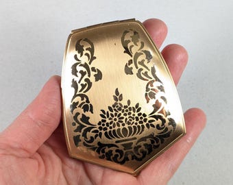 Vintage Elgin American Beauty Gold Tone Floral Compact, USA Made