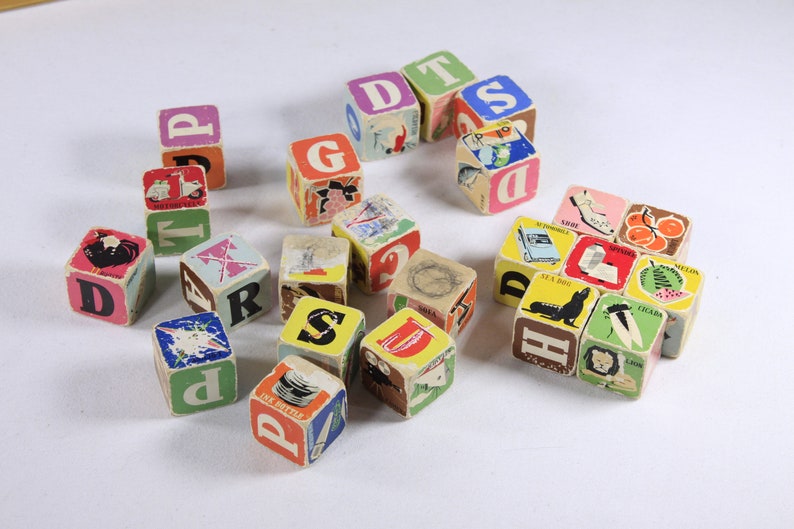 1960s mcm retro Picture Cubes AS IS, WB 260 made in China, alphabet blocks animals items spelling words reading teaching aid image 7