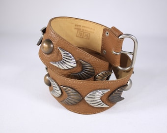 Vintage 29.5" handmade French leather belt with solid metal accents, brown South Western belt, genuine leather belt