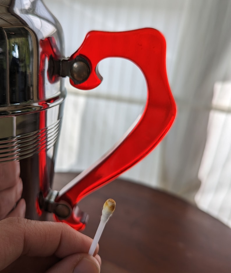 1930s Art deco Chrome cocktail shaker, 13.5 tall pitcher with Cherry Red Bakelite handle image 5