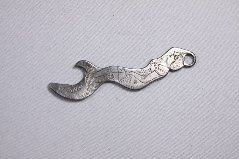 1920s Pitzls Famous Beer antique mermaid beer bottle opener, lady bather Souris Breweries Ltd Estevan Saskatoon image 5