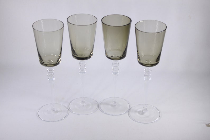 Vintage 10 tall two-tone wine glasses set of 4, smoky glass crystal or glass stemware image 6