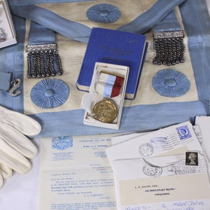 Vintage 1960s English Master Freemason regalia collection, includes suitcase apron medals certificate paperwork image 2