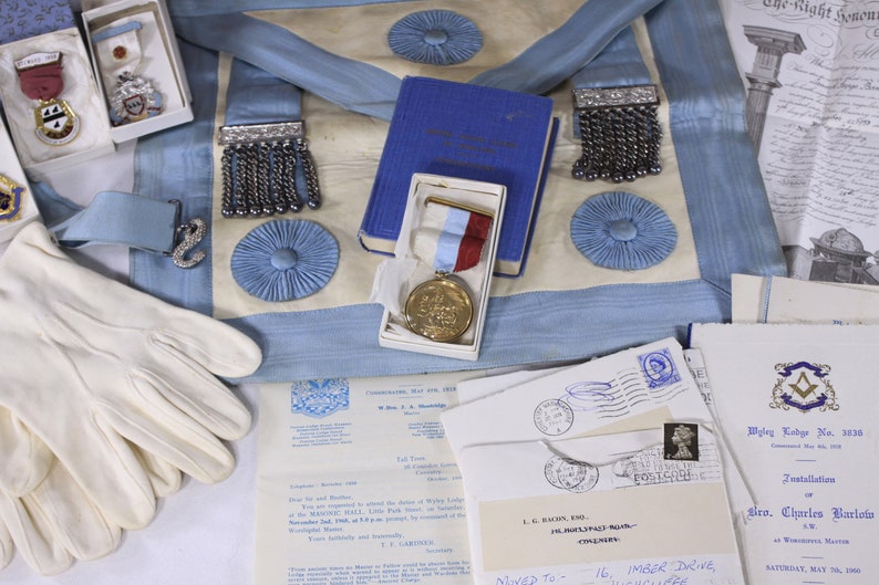 Vintage 1960s English Master Freemason regalia collection, includes suitcase apron medals certificate paperwork image 2