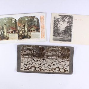 Antique stereoview cards Japan Osaka, Nikko + postcard Uyeno, vintage black and white photography of Japan
