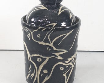 Handmade Ceramic lidded jar "A murder of Crows", OOAK Corvus pot