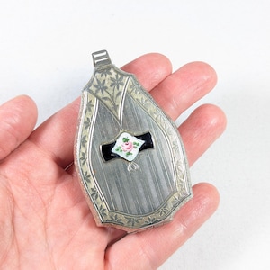 Art Deco silver toned powder compact by R.M.Co, antique dance purse cosmetic pocket mirror