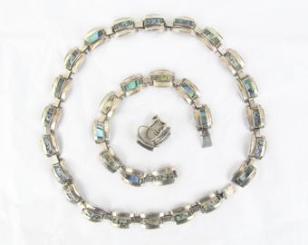 Vintage Signed Taxco Abalone Sterling Silver Jewelry Set: Necklace, Bracelet & Earrings
