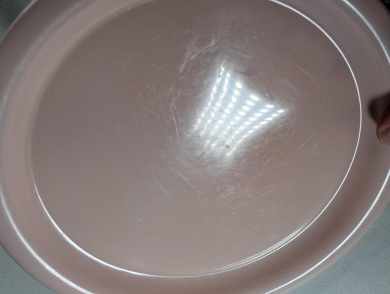 May include: A plain, light pink, round, plastic serving plate with a slightly raised rim.
