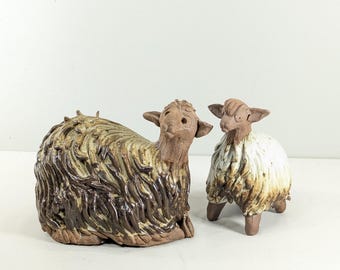 Vintage Pottery Sheep Sculptures, Resting Sheep with Lamb Figurines handmade ceramic mcm