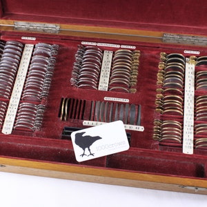 Antique optometry eye test kit, Vintage optician trial lens set, medical antique original wooden case, eyesight vision optical medical kit image 1