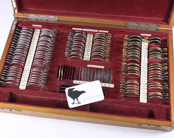 Antique optometry eye test kit, Vintage optician trial lens set, medical antique original wooden case, eyesight vision optical medical kit