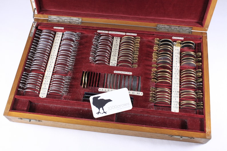 Antique optometry eye test kit, Vintage optician trial lens set, medical antique original wooden case, eyesight vision optical medical kit image 1