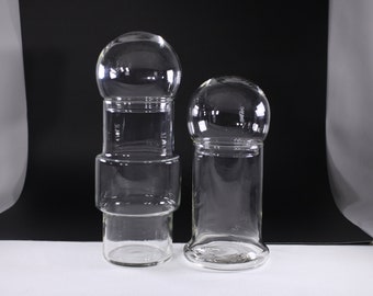 Set of 2 MCM glass storage jars, modernist Scandi blow mold vase decanters