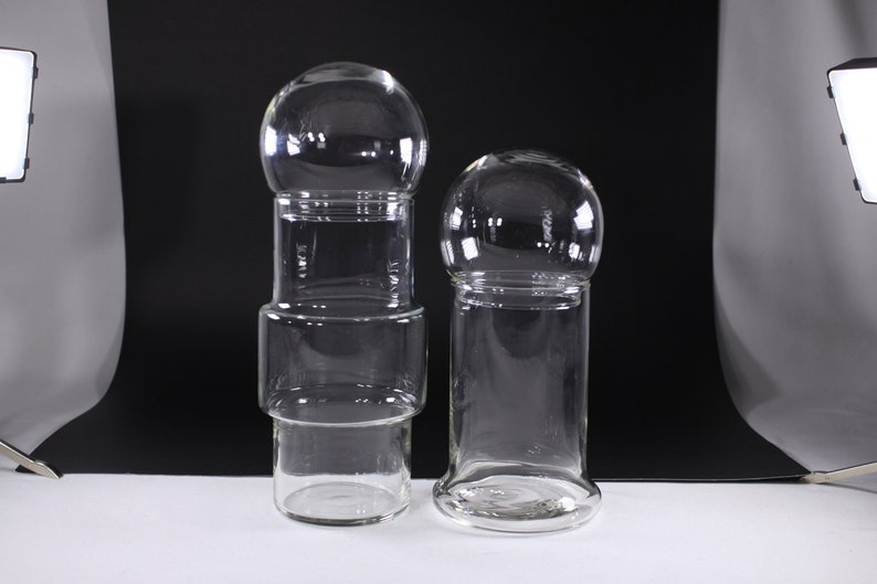 Set of 2 MCM glass storage jars, modernist Scandi blow mold vase decanters image 1