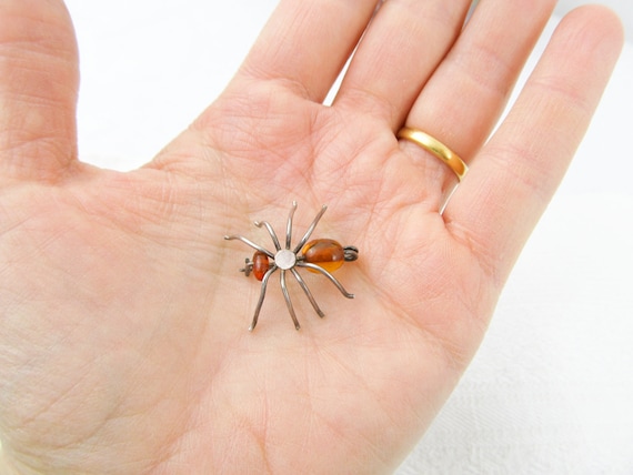 Silver and amber spider brooch, bug brooch insect