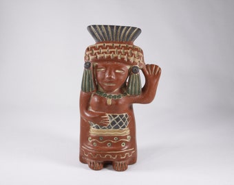 Vintage small Mexican Terracotta planter sculpture, Inca / Maya / Aztec style herb planter, pen holder