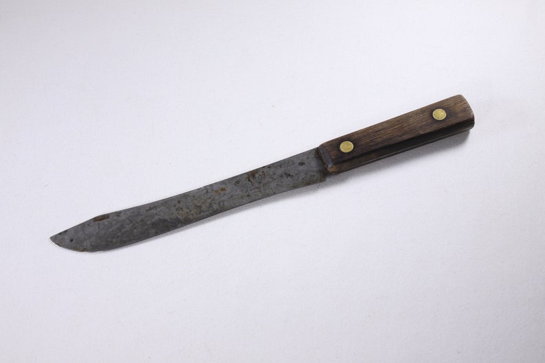 Antique Carbon steel butchers knife, full tang wood handled chefs blade, Vintage wood handle chefs knife image 9