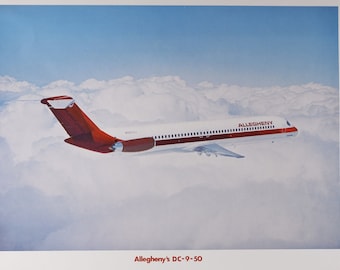 1960 - 1970s Allegheny McDonnell Douglas DC-9-50 airplane travel poster 16x20", vintage airline plane advertisement, aircraft wall art