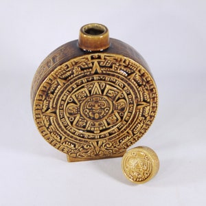 Vintage Aztec calendar decanter, Mayan Calendar ceramic flask in ochre yellow / caramel brown, tiki bar decor, Kahlua Decanter bottle image 5