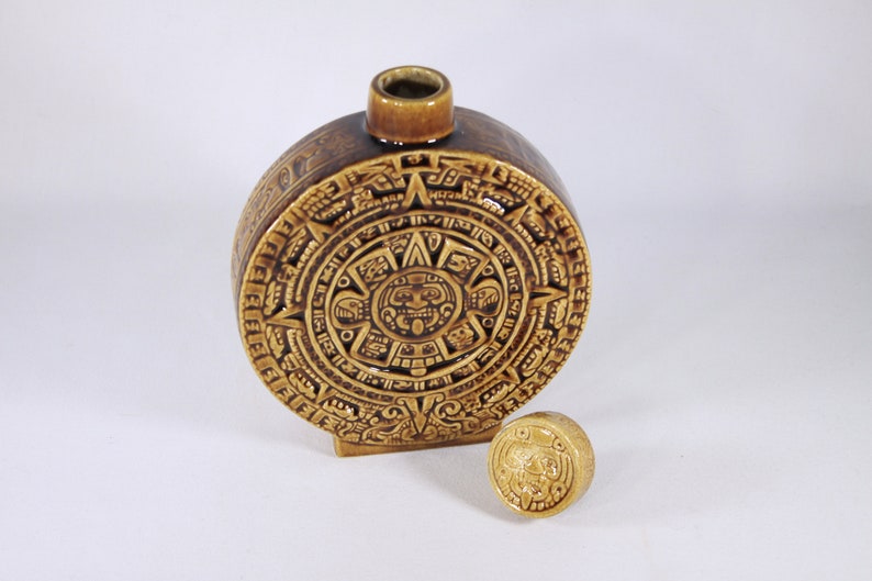 Vintage Aztec calendar decanter, Mayan Calendar ceramic flask in ochre yellow / caramel brown, tiki bar decor, Kahlua Decanter bottle image 5