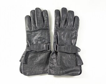 Black leather motorcycle gloves size M, Biking gauntlets, militarily costume gloves
