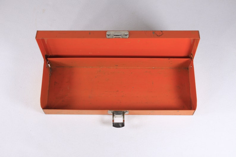 Vintage Orange metal toolbox, small parts storage organizing box, metal pencil box image 9