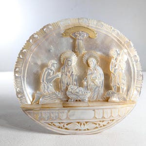 Vintage Mother of Pearl Nativity scene, large shell hand carved religious home decor, Nacre nativity scene Bethlehem Christmas gift idea