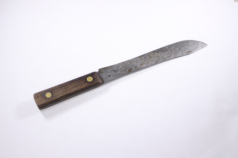 Antique Carbon steel butchers knife, full tang wood handled chefs blade, Vintage wood handle chefs knife image 6