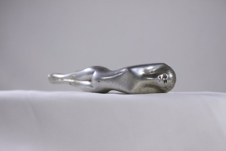 Original Art deco Nude bottle opener, elegant Bauhaus flying nymph adult aluminium hood ornament image 5